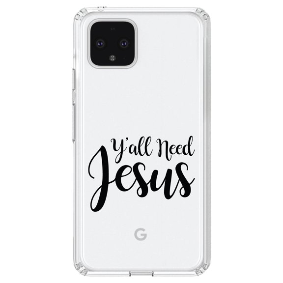 DistinctInk Clear Shockproof Hybrid Case for Google Pixel 4 (6.1" Screen) - TPU Bumper Acrylic Back Tempered Glass Screen Protector - Y'All Need Jesus - Black