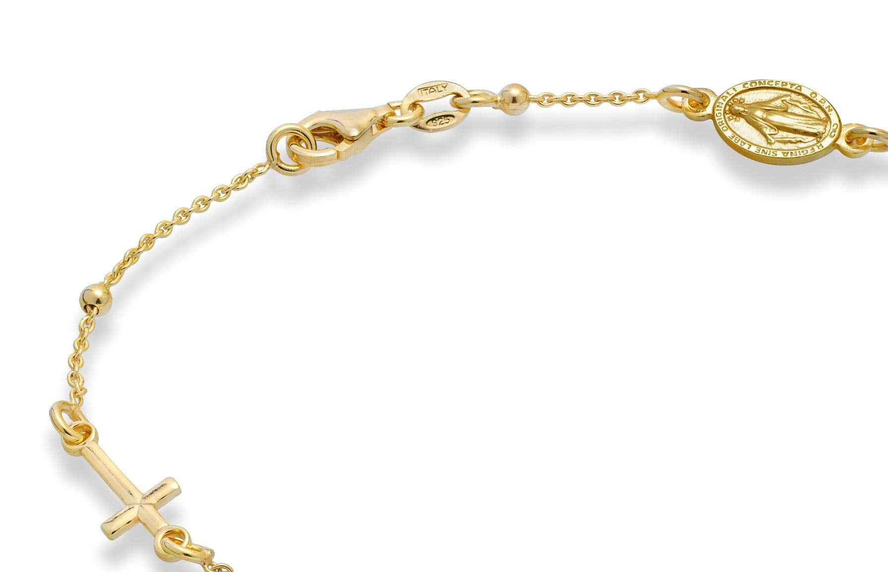 Miabella 925 Sterling Silver or 18Kt Yellow Gold Over Silver Italian Rosary Cross Bead Charm Link Chain Anklet for Women, Made in Italy (yellow-gold-plated-silver, Length 10 Inches)
