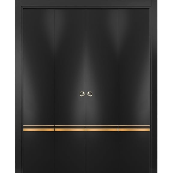 Sliding Closet Double Bi-fold Doors | Planum 2010 Matte Black with Frosted Glass | Sturdy Tracks Moldings Trims Hardware Set | Wood Solid Bedroom Wardrobe Doors