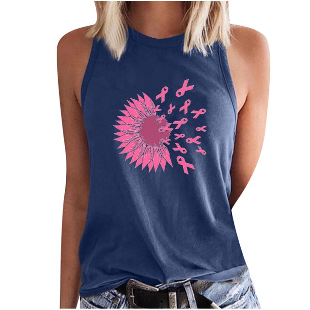 Pisexur Women's Breast Cancer Tshirt Sleeveless Round Neck Fighting Pink Ribbon Breast Cancer Awareness Racerback Tank Top