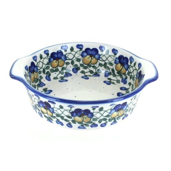 Blue Rose Polish Pottery Pansies Round Baker