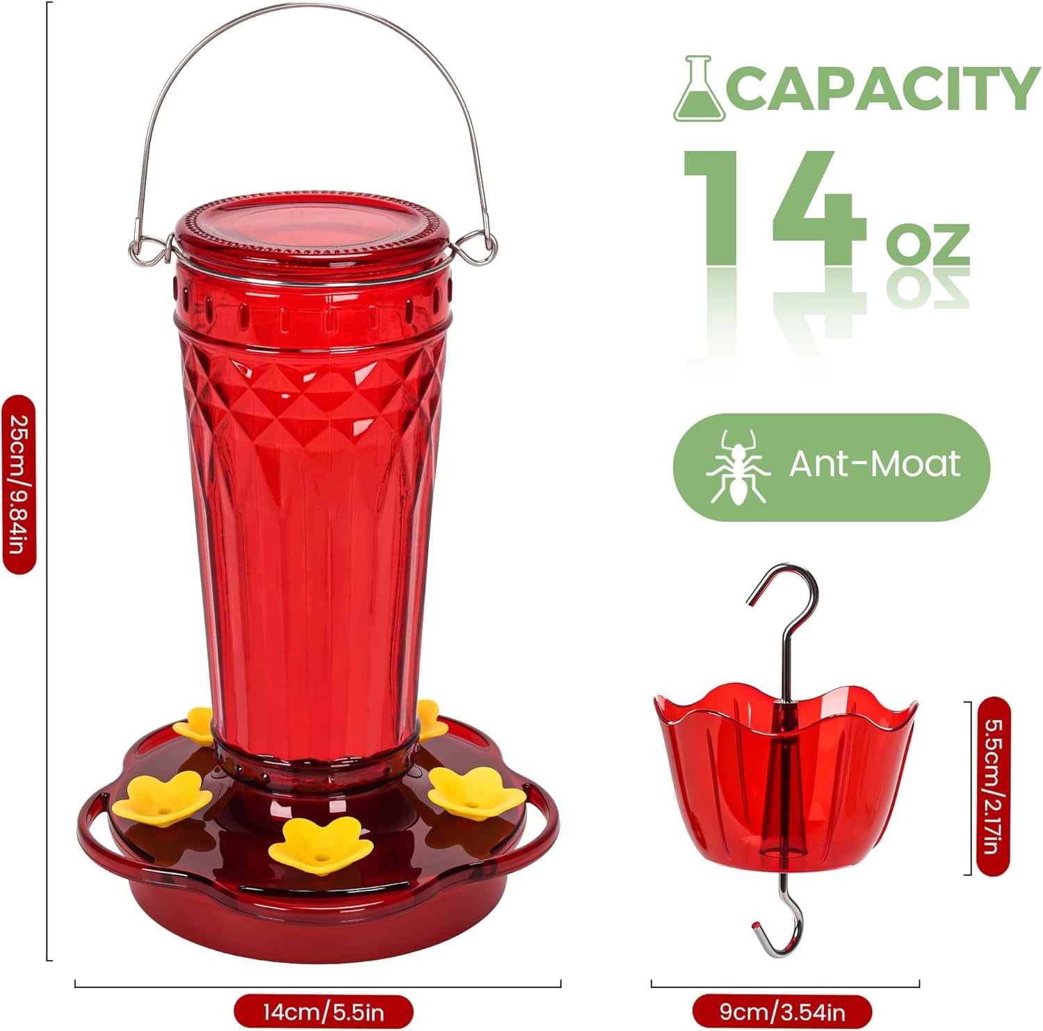 Glass Hummingbird feeders for Outdoors 2pack-14Ounces，5 Feeding Ports Feeder,Wide Mouth Easy Filling/Cleaning，Hanging Garden Backyard Decor, Includes Ant Moat (Red，2Pack)