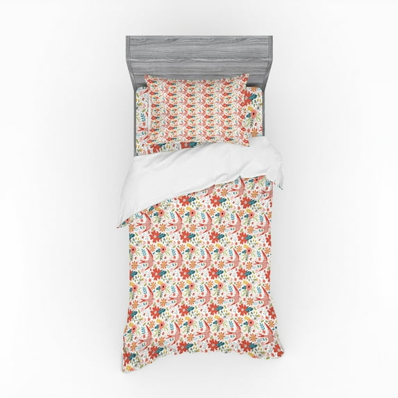 Floral Duvet Cover Set, Spring Themed Blossomings Laurel Leaf Bird, Bedding Set with Shams and Fitted Sheet, 3 Sizes, by Ambesonne