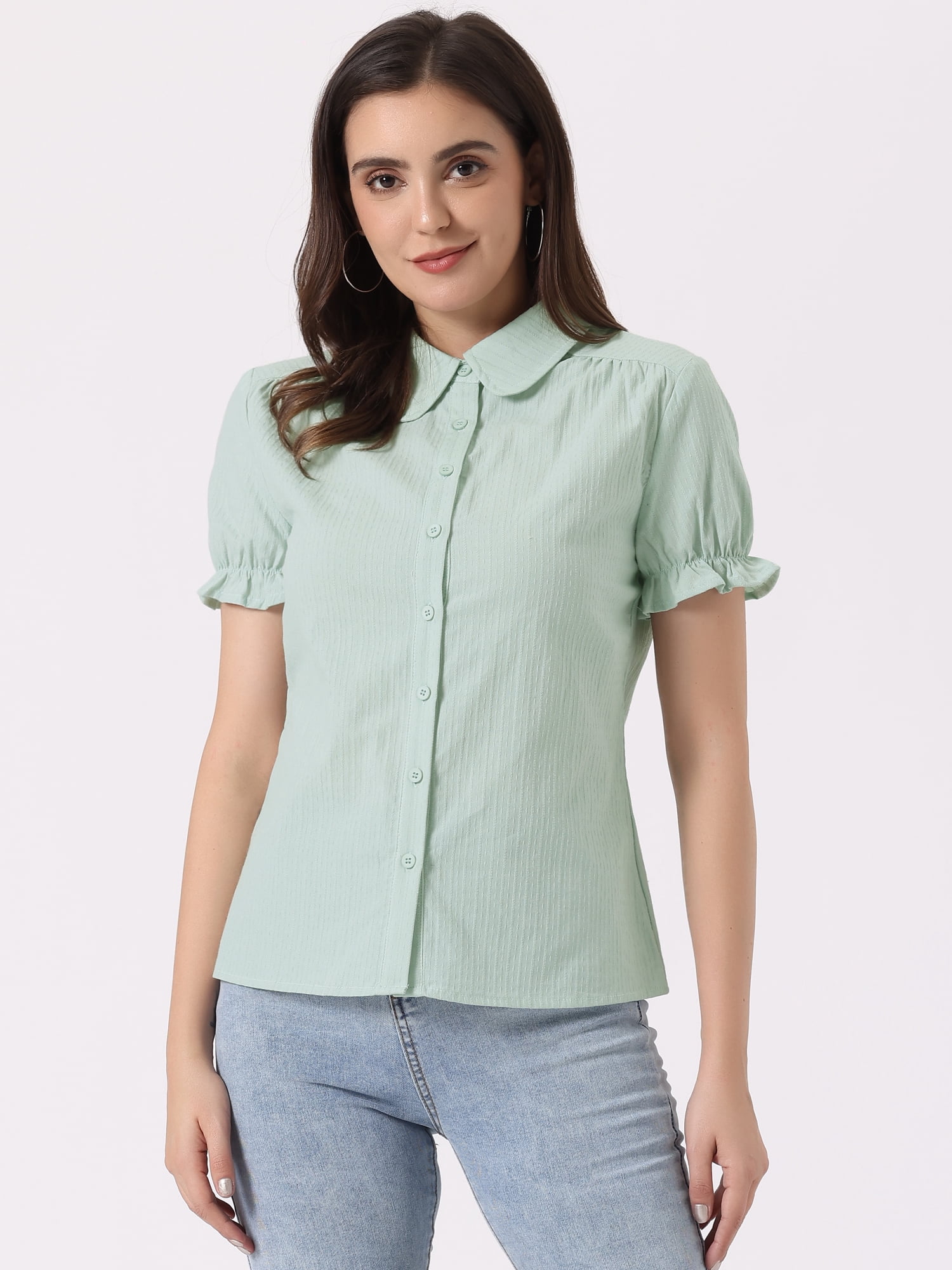 DARING DIVA Women's Cotton Frilled Peter Pan Collar Blouse M Light Green