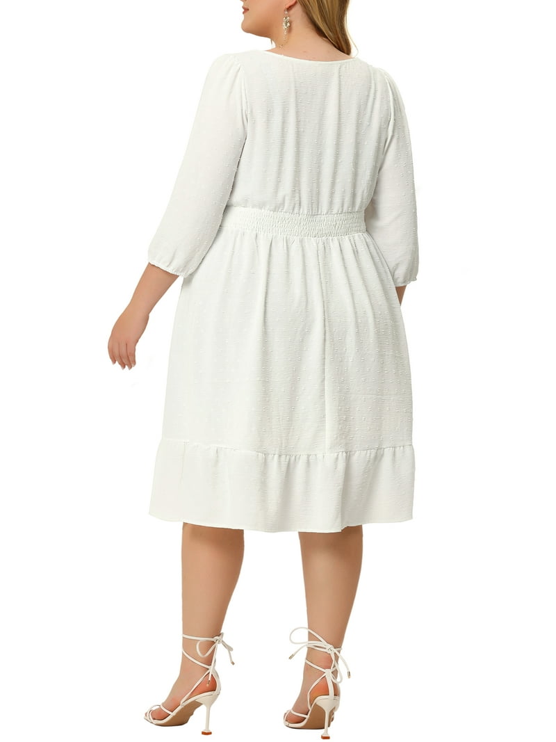 Agnes Orinda Women's Plus Size Smock Waist Solid Swiss Dots 3/4 Sleeves Midi  Dress 3X White - Walmart.com