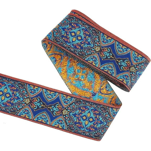 5.5Yards Jacquard Ribbon Trim 2 inch Wide Vintage Floral Embroidery Ribbon with Leaf Patterns Marine Blue Polycotton Boho Embroidered Trim Fabric