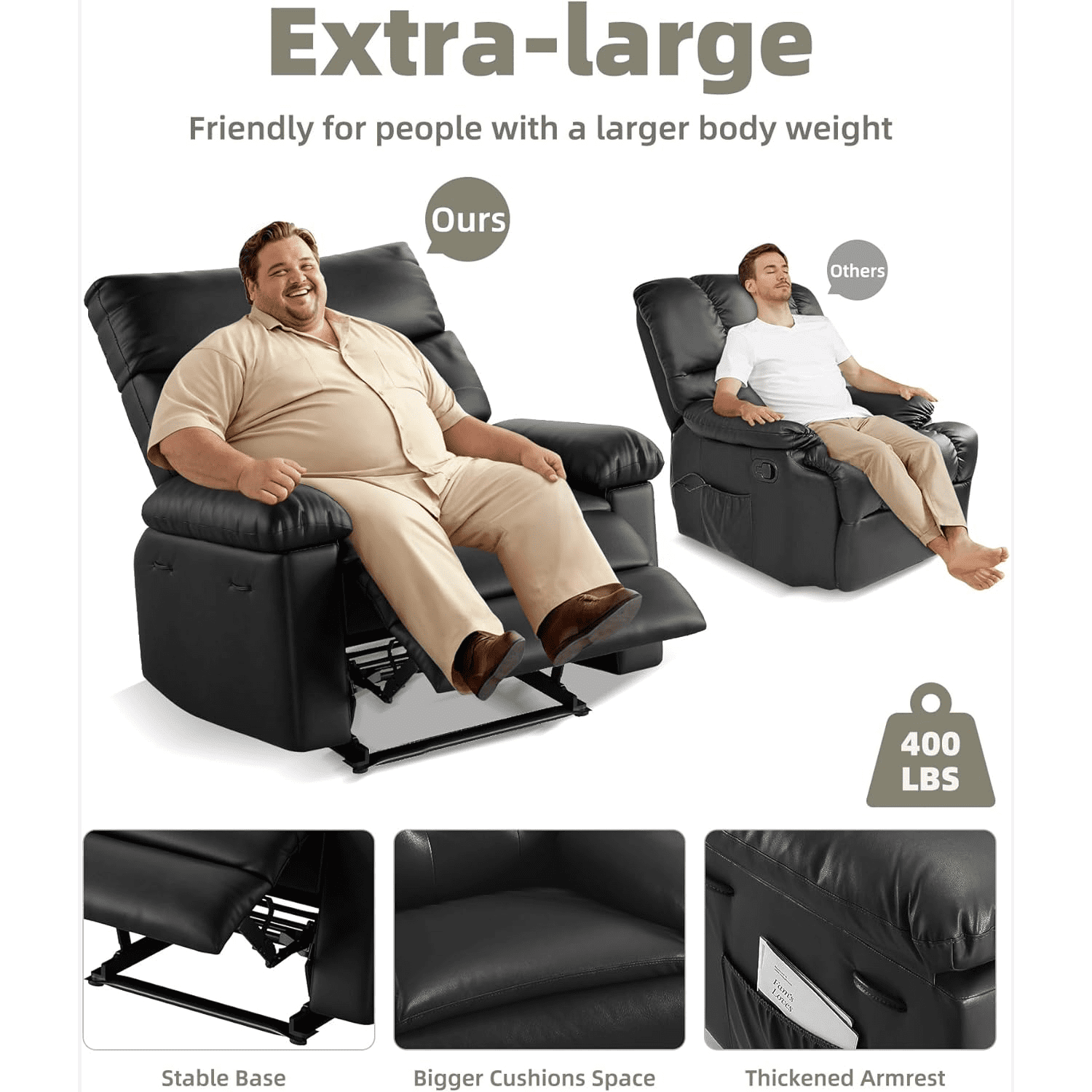 Oversized Manual Recliner Chairs for Adults, PU Leather Small Recliner Chair with 90° - 150° Adjustable Back,Lazy Boy Single Sofa Chairs for Small Space