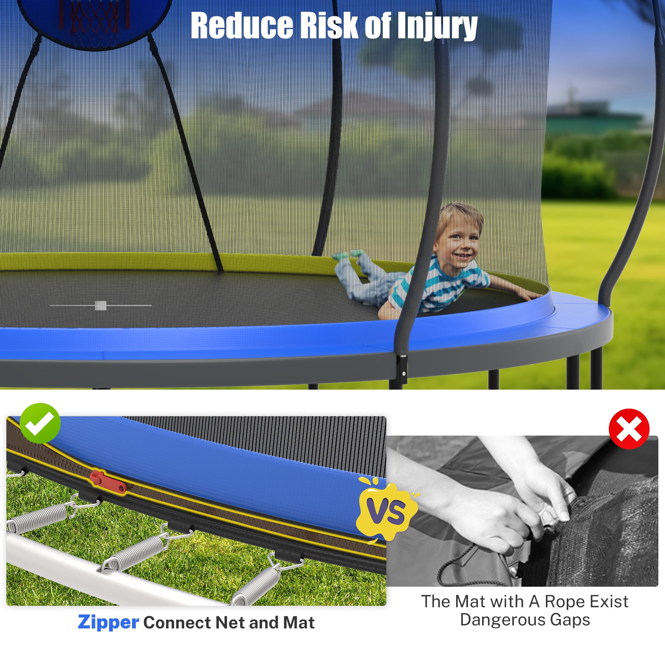 14 Ft Trampoline for Kids and Adults, Outdoor Trampoline with Fiberglass Rods and Smart Zipper System Zero Gaps, Segmart Recreational Trampoline with Enclosure Net, 880LBS Heavy Duty Trampoline