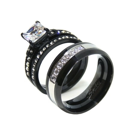 Lanyjewelry His Hers Ring Set Womens Princess Cz Black Wedding His Hers Ring Set Womens Princess Cz Black Wedding Mens 7 Czs Two Tone Band