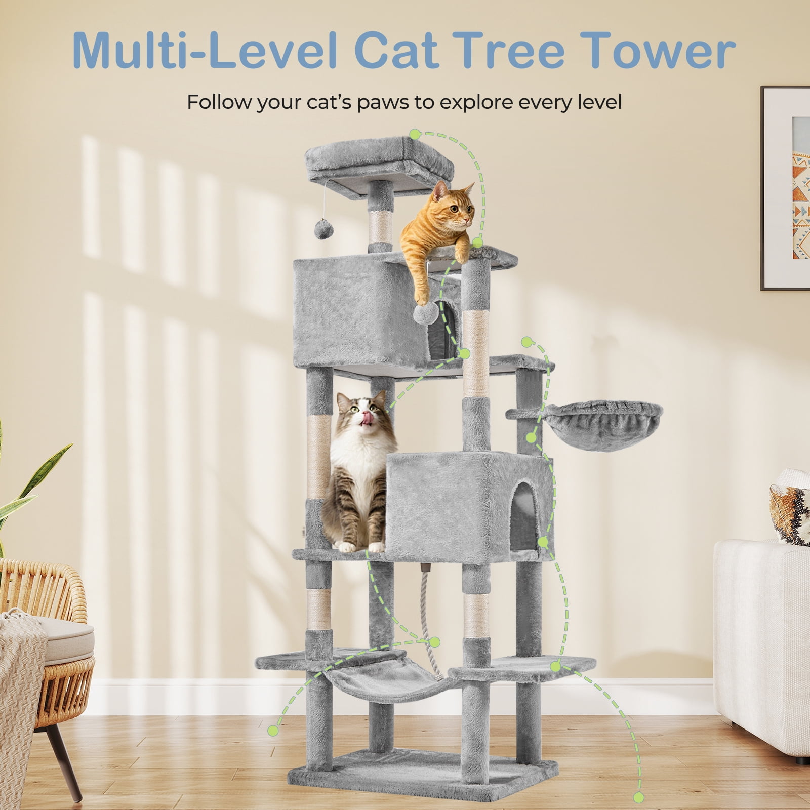 66" Multi-Level Cat Tree Tower with Sisal Scratching Post, Indoor Cat Climbing Tower with Ladder & Plush Toys for Rest & Play