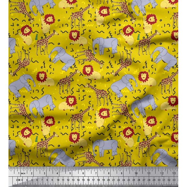 Soimoi Yellow Poly Georgette Fabric Lion,Giraffe & Elephant Kids Fabric Prints by Yard 52 Inch Wide