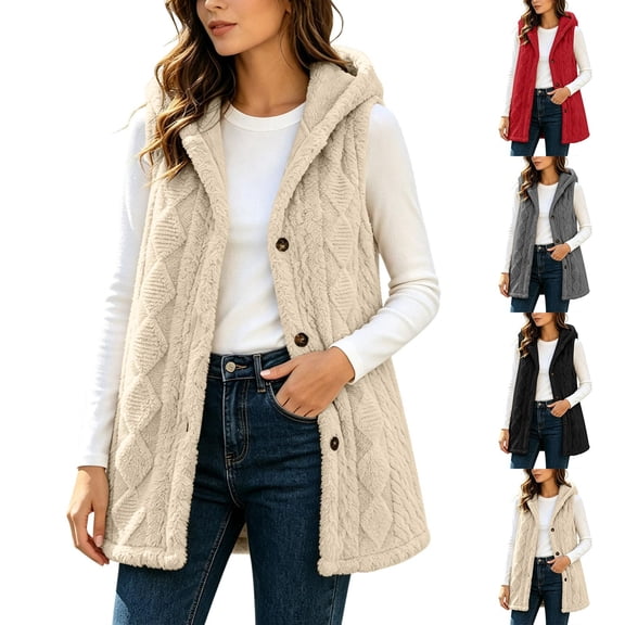 Diufon Womens Long Vest Casual Sleeveless Hooded Button Down Fleece Cardigan Fall Winter Warm Outerwear