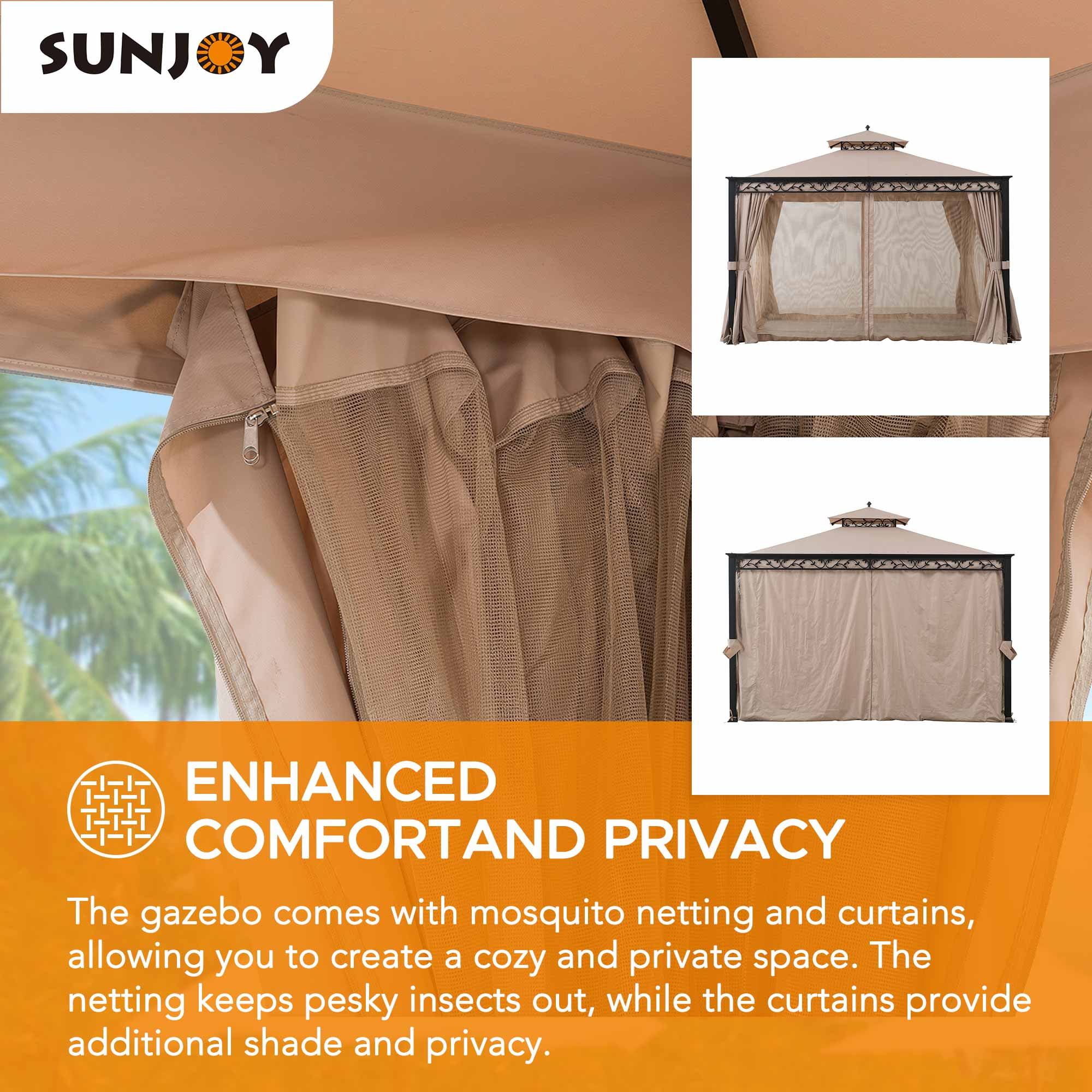 Sunjoy 10 x 12 ft. Steel Frame Gazebo Outdoor Patio 2-tier Soft Top Gazebo with Decorative Vine, Netting, Curtains, and Ceiling Hook