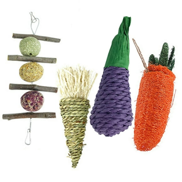 Rabbit Chew Toy Assorted: 4PCS Funny Bunny Loofah Carrot Toy Rabbit Hanging Toy