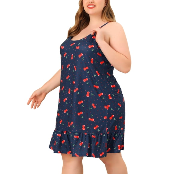 Vestido de dormir de talgrande pamujer Cami Fruit Ruffle Dobladillo por encide rodilCamisón Azul marino 1X