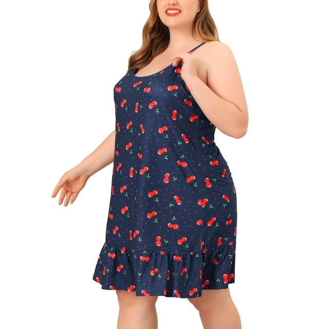 Vestido de dormir de talgrande pamujer Cami Fruit Ruffle Dobladillo por encide rodilCamisón Azul marino 1X