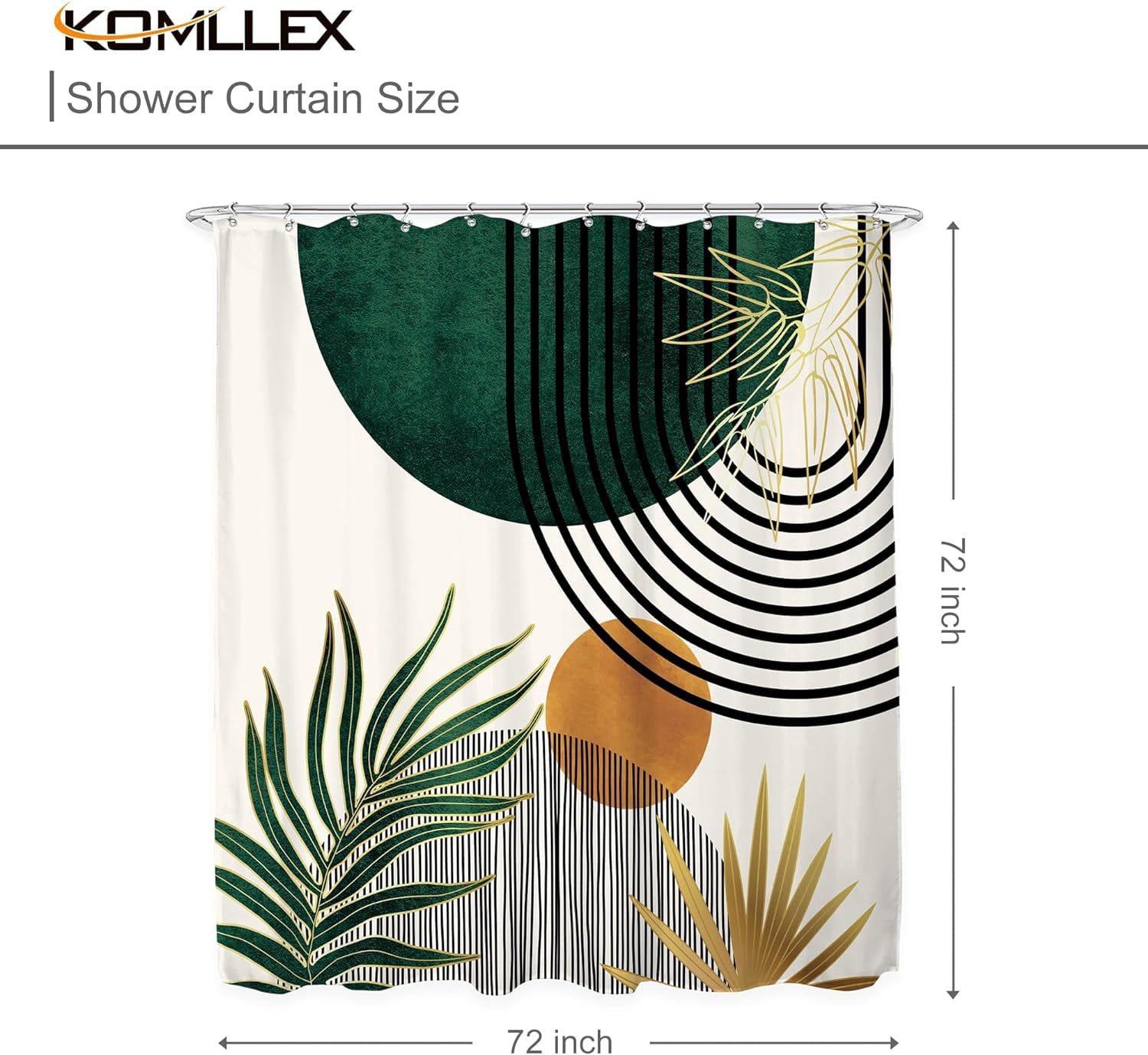 Mid Century Green Boho Shower Curtain for Bathroom Decor 72Wx72H Inches Abstract Modern Minimalist Sun Arch Curve Leaves Geometric Neutral Aesthetic Fabric Waterproof Polyester 12 Pack Hooks