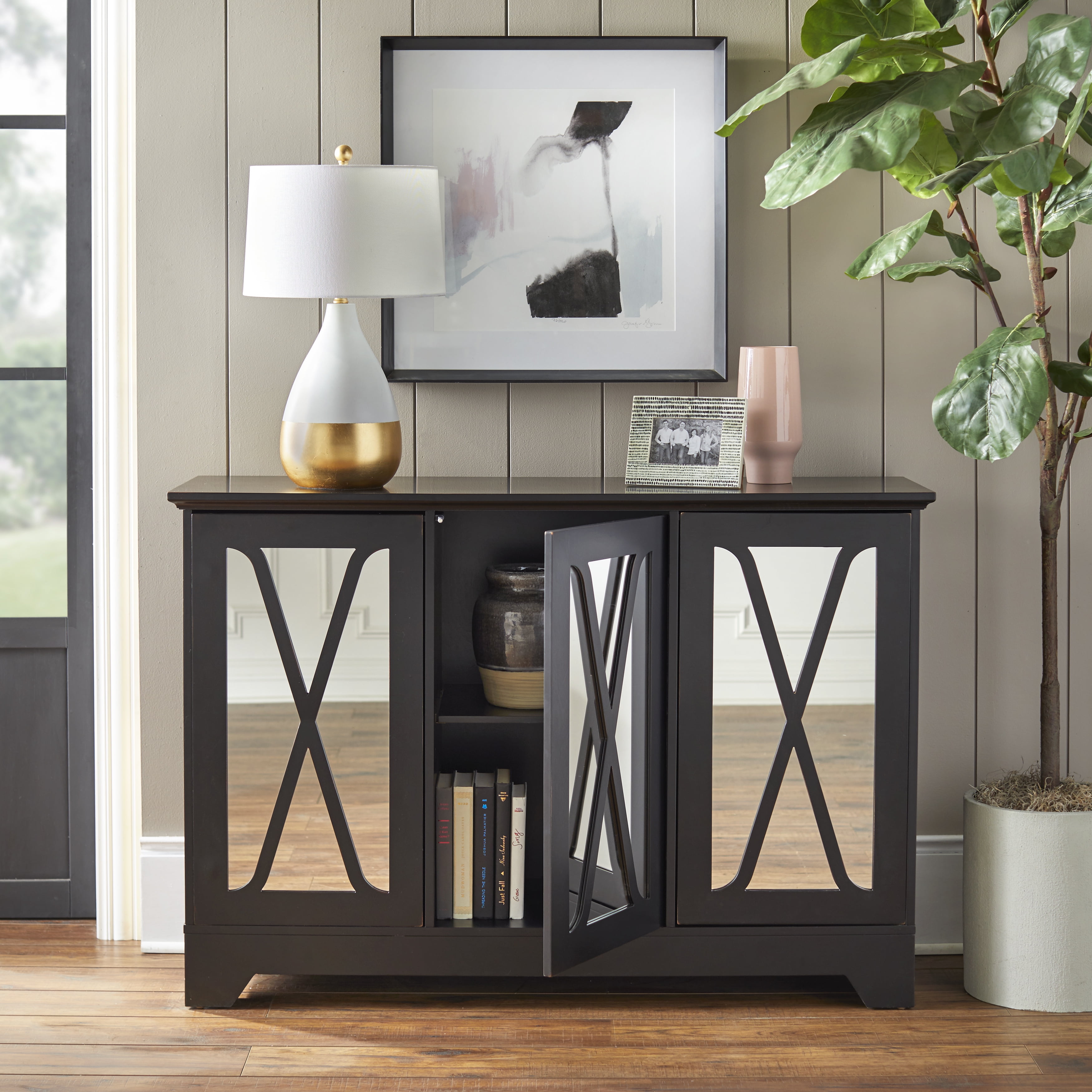 TMS Reflections Transitional 52” Wide Dining Room Sideboard Buffet with Mirrored Doors, 35.4” High, Black Finish