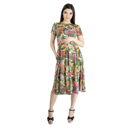 

24seven Comfort Apparel Short Sleeve Green Paisley Pocket Midi Maternity Dress