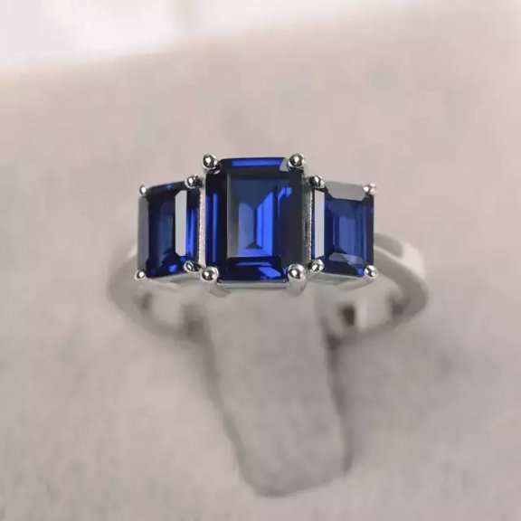 Blue Sapphire Three Stone Ring Lab Created Emerald Cut in 925 Sterling Silver