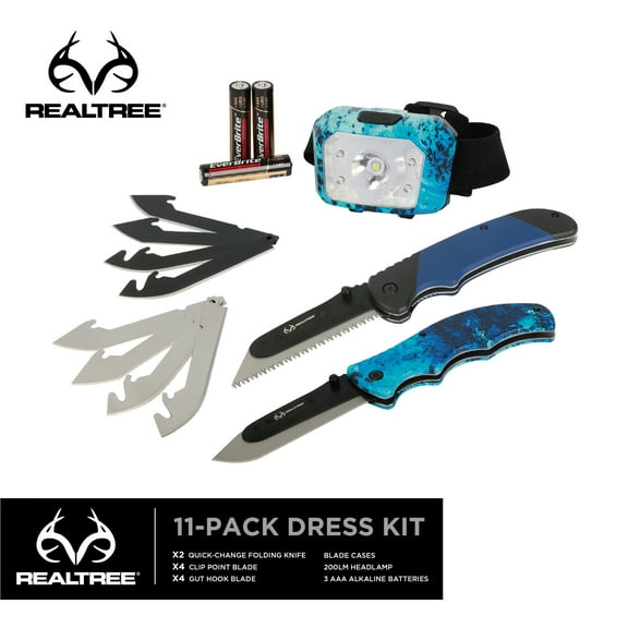 Realtree 11-Piece Game Cleaning & Dressing Kit with Folding Knives and Headlamp