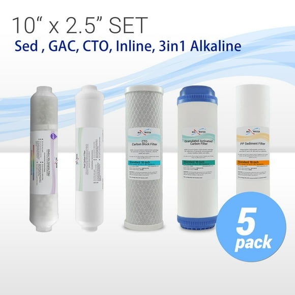 Max Water RO Replacement Filters 5µ Sediment, GAC, Carbon Block, Inline Carbon and 3-In-1 Mineral Alkaline Infrared (5 Filters)