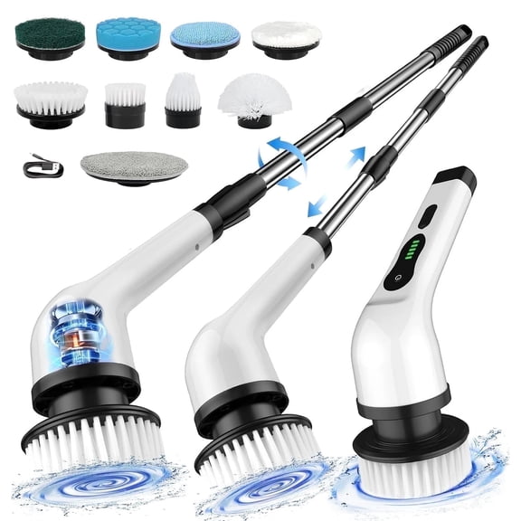 Skdwakiz Electric Spin Scrubber, Cordless Cleaning Brush with Long Handle & 9 Replaceable Heads, Power Shower Scrubber for Bathroom, Bathtub & Tile Floor