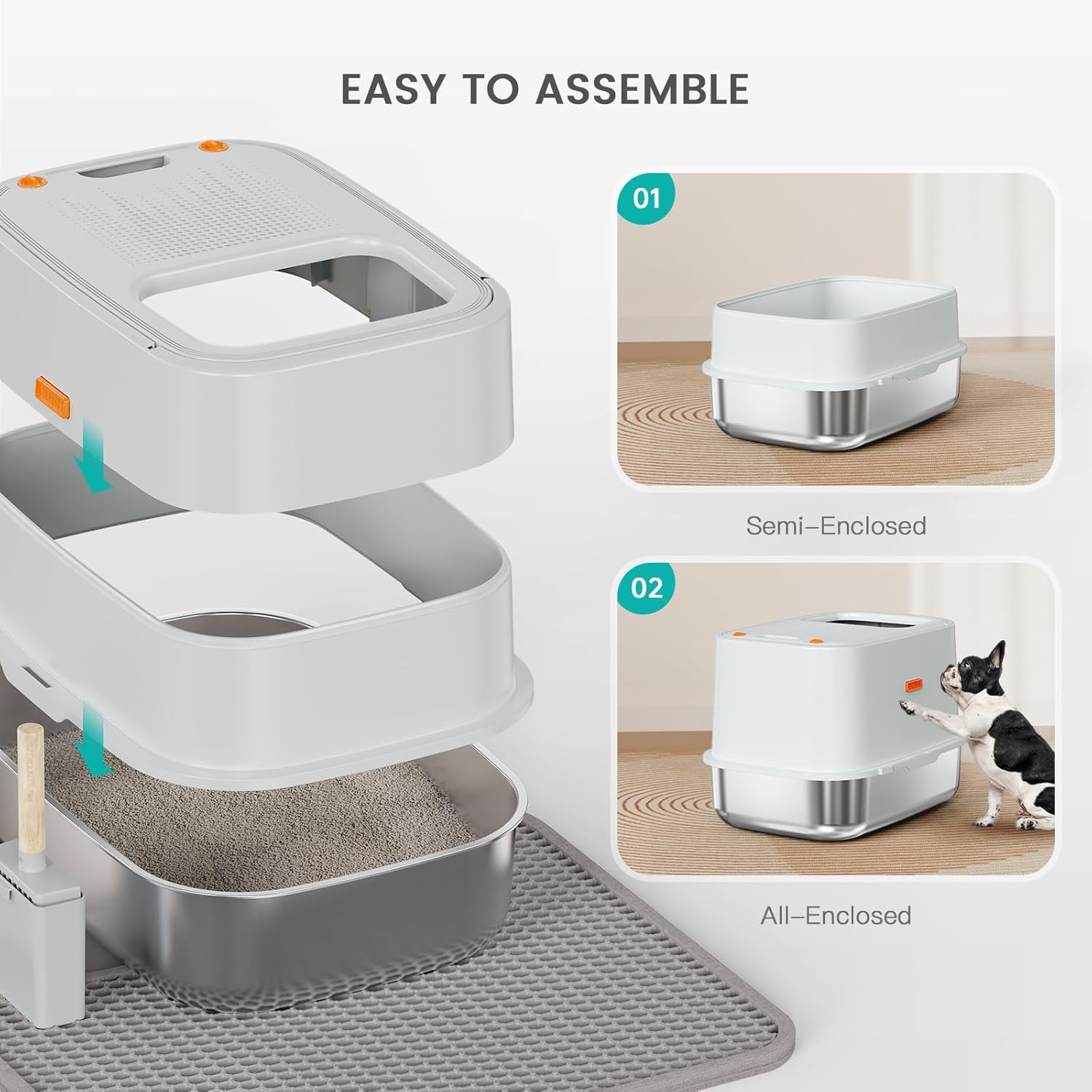 Enclosed Stainless Steel Cat Litter Box with Lid, XL Extra Large Litter Box for Big Cats, Metal Litter Pan High Sided, Never Absorbs Odors, Anti-Urine Leakage, Easy Cleaning, Include Scoop
