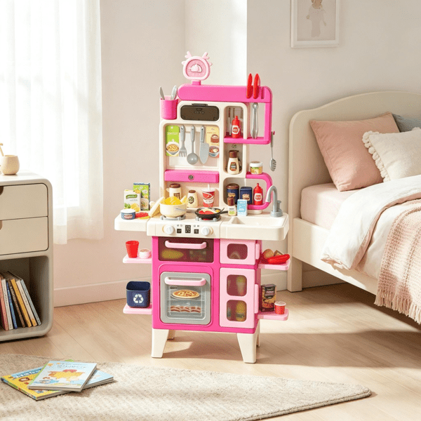 104 Piece Pretend Play Kitchen Set, Realistic Lights & Sounds, Toy Kitchen Accessories for Boys & Girls, Pink