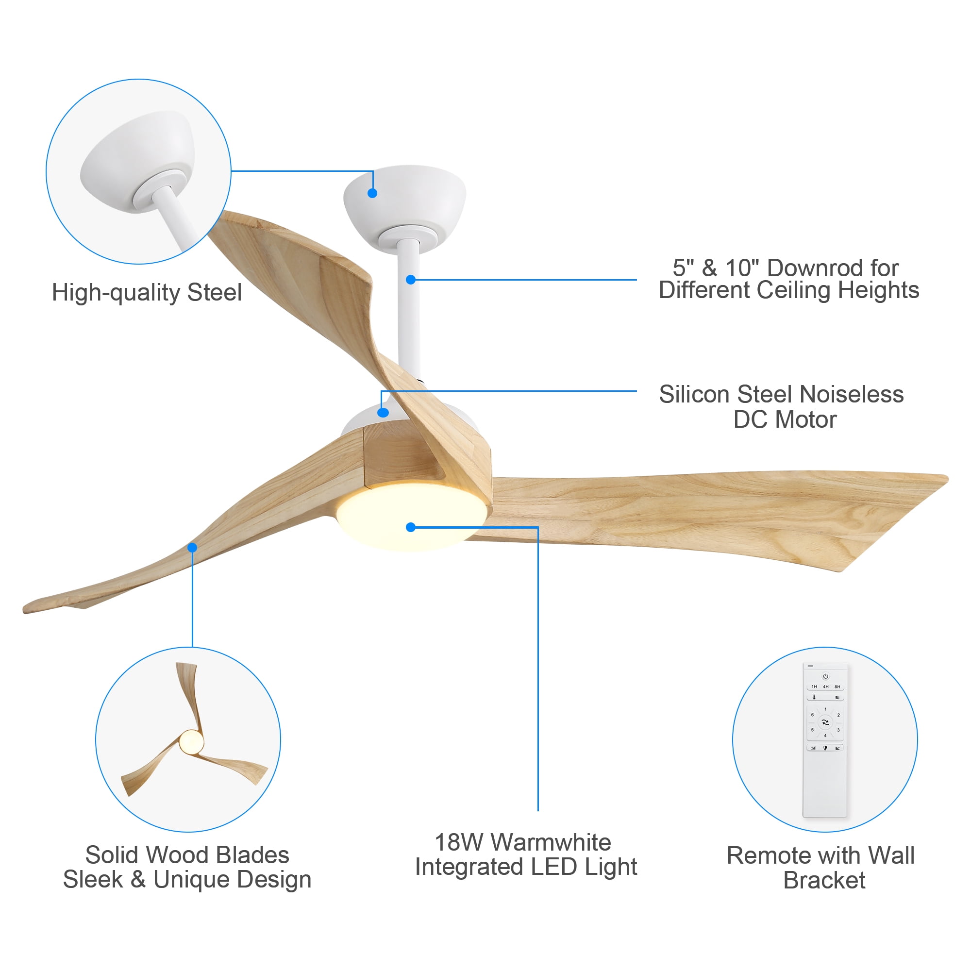 Miniyam 52 Inch Ceiling Fan with Lights & Remote Control, Reversible and Silent DC motor Perfect for Bedroom, Living Room, Light Brown