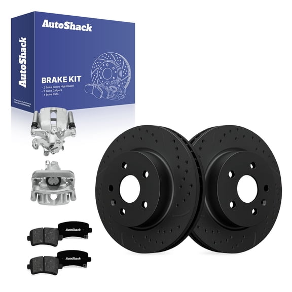 AutoShack Rear Vented Drilled & Slotted E-Coated Brake Rotors Black Finish   Premium Ceramic Pads   Calipers 8-PC Brake Kit Replacement for 2016 Chevrolet Malibu Limited NightGuard 12.4" (315 mm)