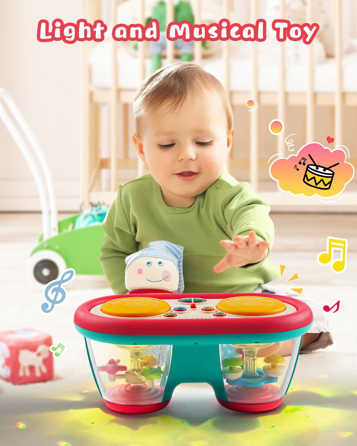 Style-Carry Baby Toys for 6-12 Months, Toddler Musical Instruments Toys, Rotating Light Up Learning Toys, Drum Toy for 1 Year Old Boys Girls