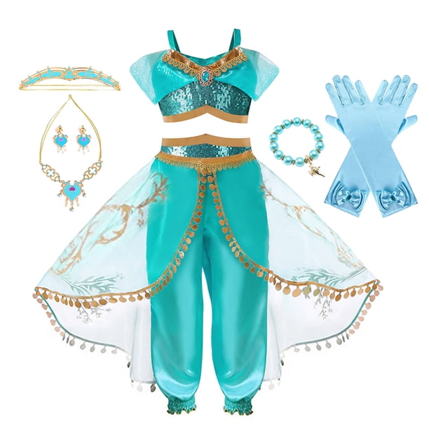 Disfraz de princesa Jasmine de Disney para niñas, disfraz de lámpara mágica de Aladino, fiesta de cumpleaños de Halloween para niños de 2 a 12 años
