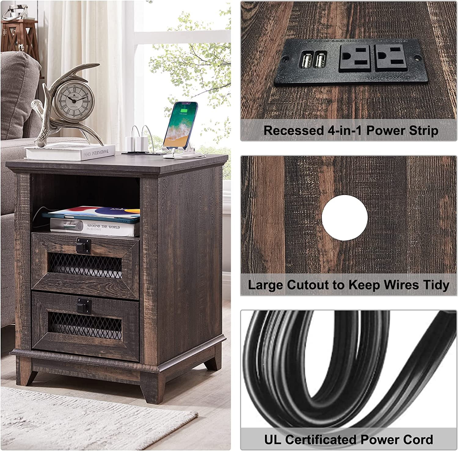 OKD 2-Drawer Wooden End Table with Charging Station for Living Room, Modern Square Nightstand, Dark Rustic Oak