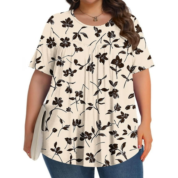 QUNYINEY Womens Short Sleeve Blouses Casual Plus Size Floral Tunic Tops Crew Neck Pullover Pleated Loose Shirts for Women