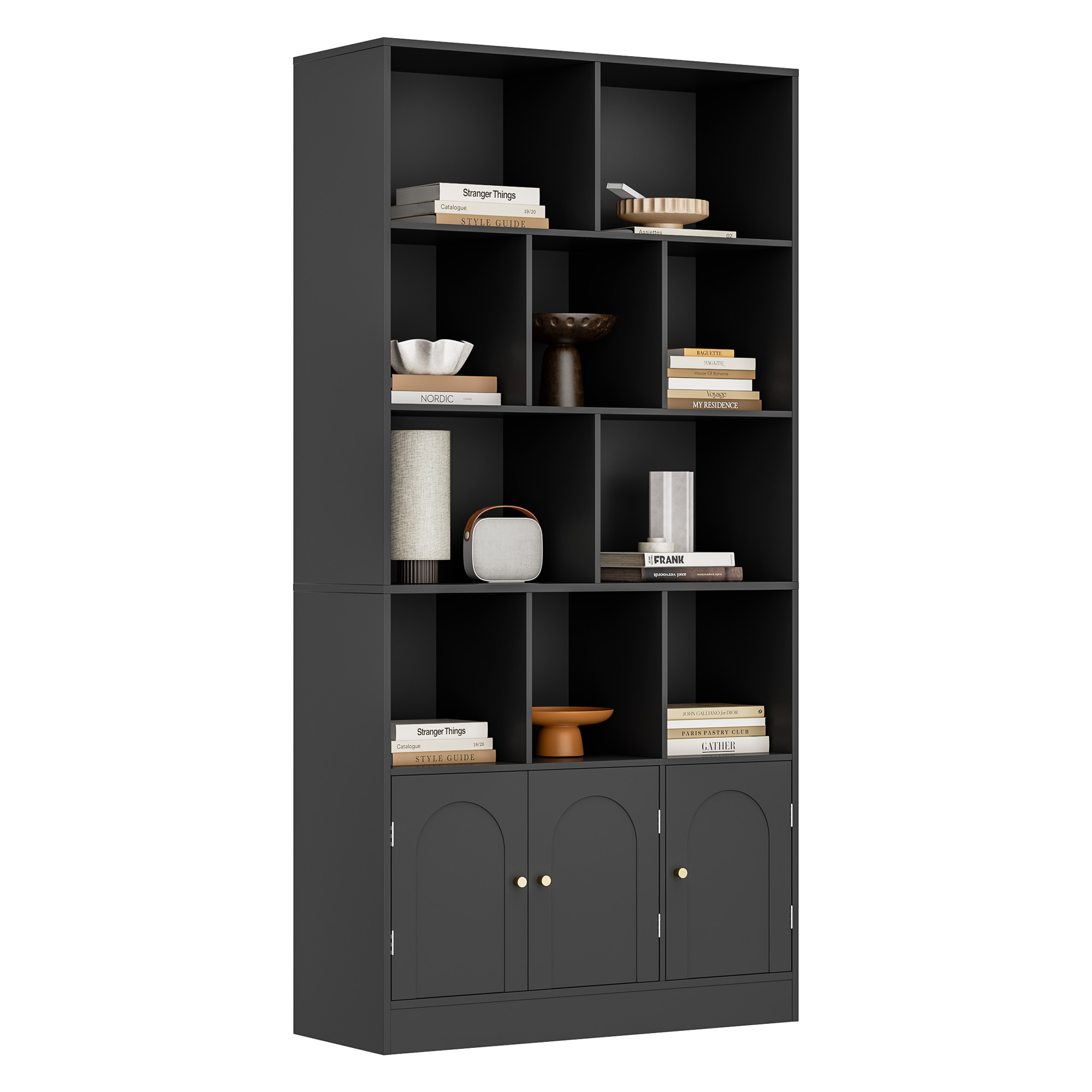 4-Tier Tall Bookshelf with 3 Doors, 71" Open Shelf Bookcase with 10 Cubes, Modern Cube Storage Organizer for Living Room, and Office, Black