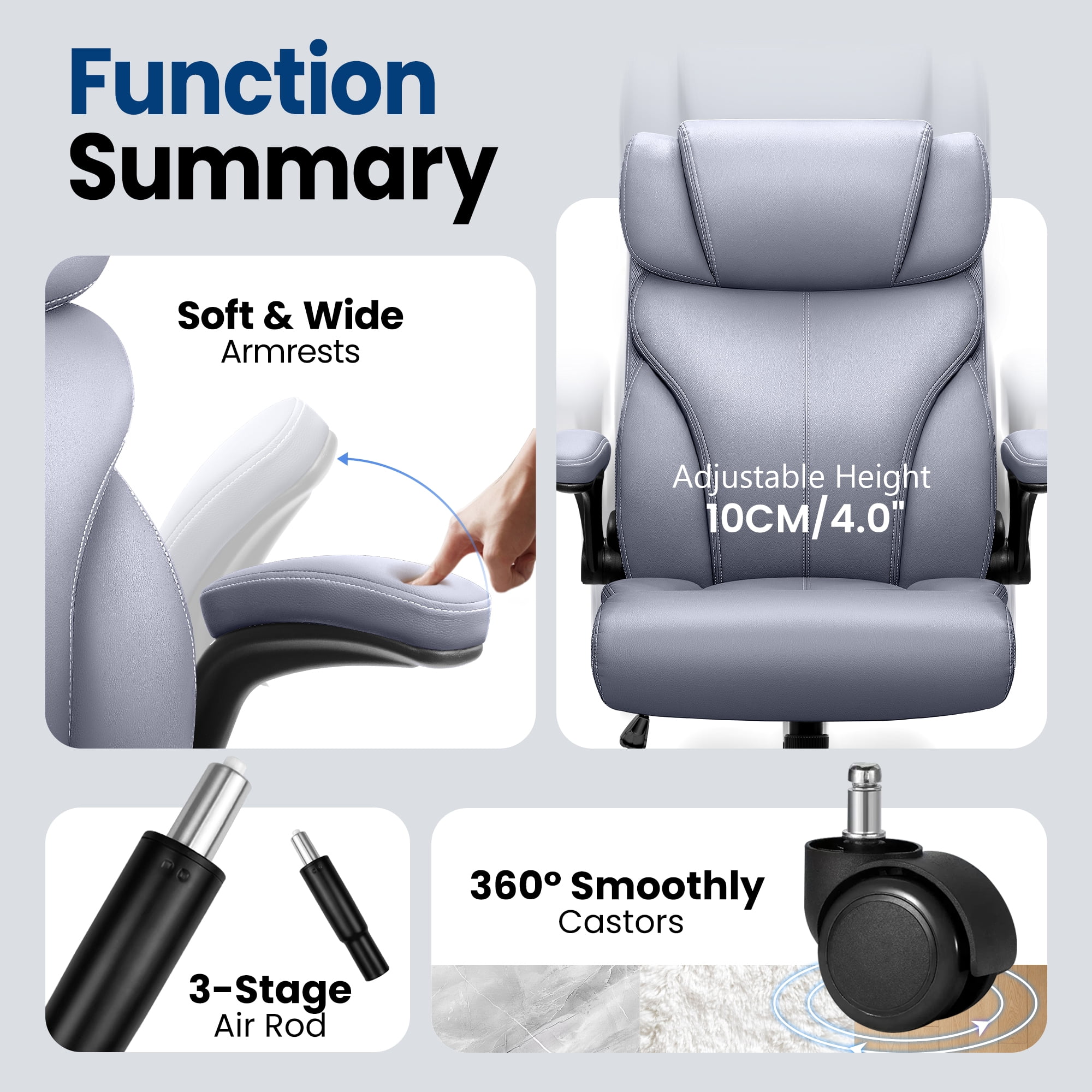 STACOO High Back Executive Office Chair 400lbs, Big and Tall Ergonomic Desk Chair with Lumbar Support & Flip-up Armrests, PU Leather Swivel Chair with Adjustable Height – Gray