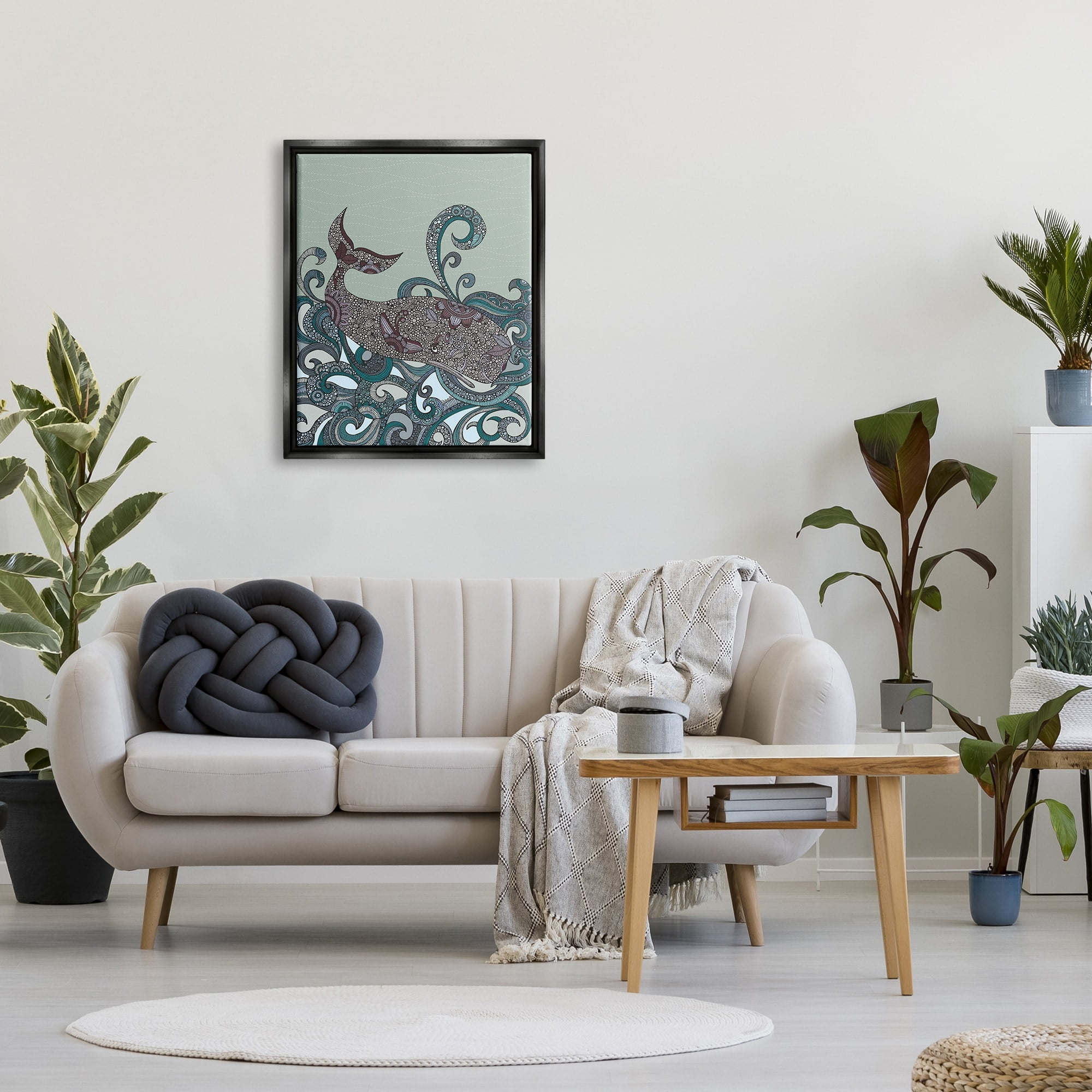 Stupell Industries Nautical Whale Surrounded Intricate Patterned Swirl Shapes Graphic Art Jet Black Floating Framed Canvas Print Wall Art, Design by Valentina Harper