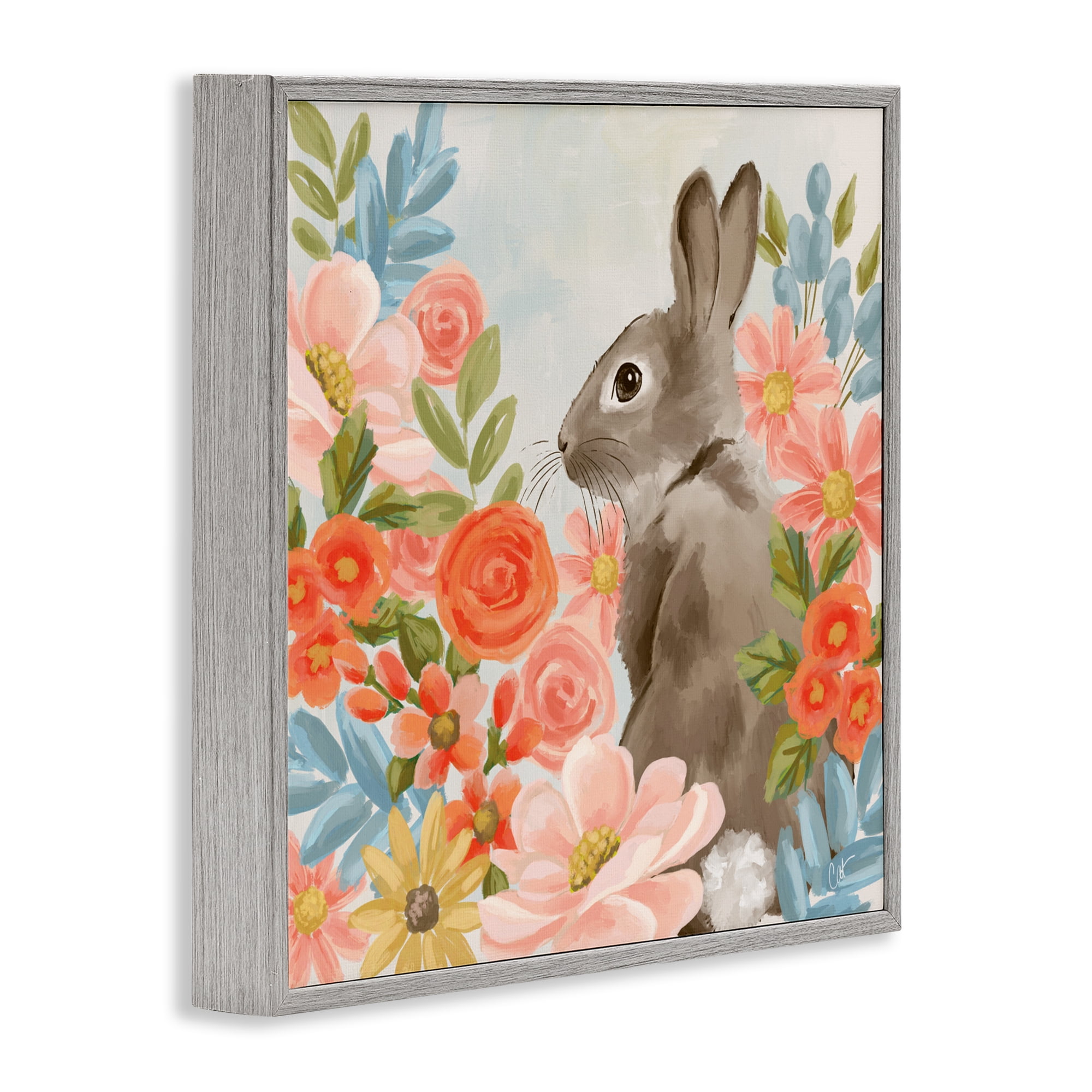 Stupell Industries Bunny In The Blooms Gray Framed Giclee Art, design by Cat Thurman Designs