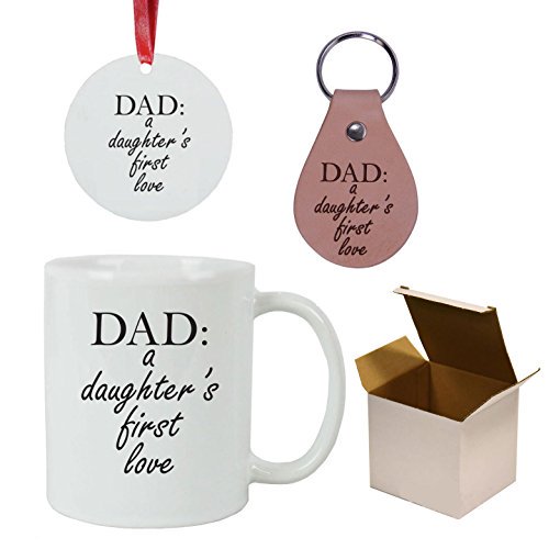 Dad: A Daughter's First Love Coffee Mug, Leather Key Chain, Christmas Ornament with Gift Box - Ultimate Gift Bundle for Father's Day, Birthday or Christmas Gift for Dad Grandpa Papa Husband (White)