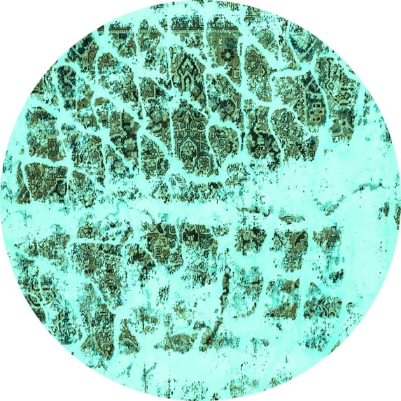 Ahgly Company Machine Washable Indoor Round Abstract Turquoise Blue Modern Area Rugs, 5' Round