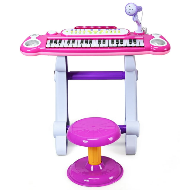 Patiojoy 37 Keys Kids Piano Electronic Keyboard Musical Piano Toy with Microphone & Stool in pink and purple. A kids musical instrument featuring a multifunctional control panel, adjustable volume, and song speed. Includes a microphone, USB charging cable, MP3 cable, and stool. Made of safe ABS and PP materials, ideal for pretend play and suitable for children over 3 years old.