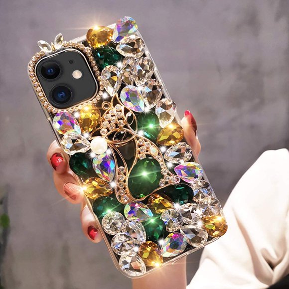 for iPhone 12 Mini Bling Diamond Case for Women Cute 3D Rhinestone Crystal Shiny Sparkle Handmade Gemstone Protective Cover Luxury Fashion Glitter Case for iPhone 12 Mini 5.4 inch Green