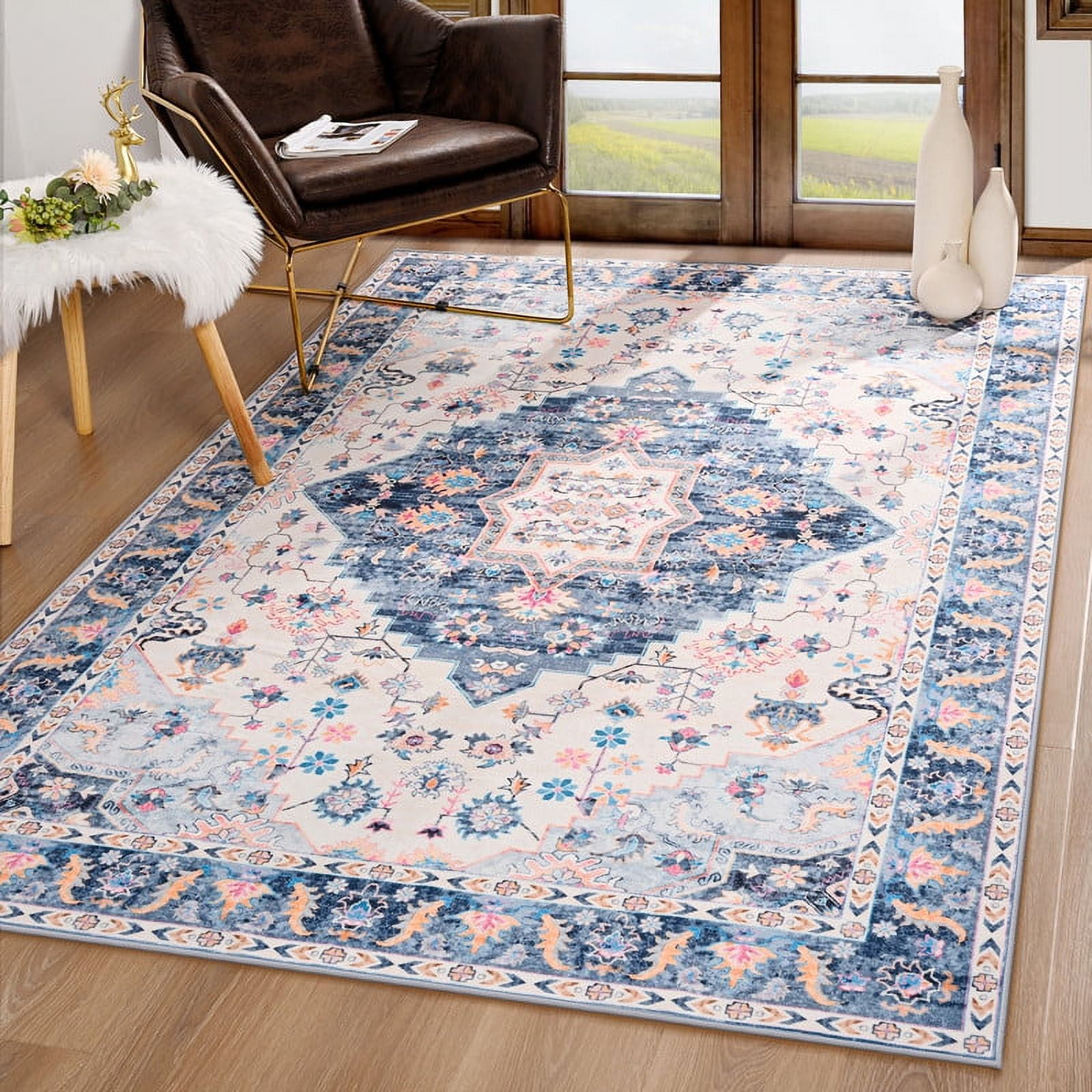 TWINNIS 4'X6' Area Rugs for Living Room Washable Rug Non-Slip Vintage Boho Carpet for Bedroom,Blue