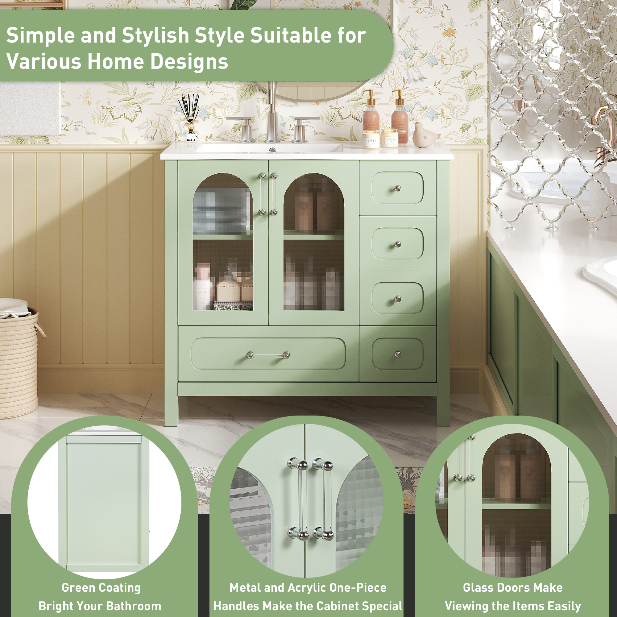 Euroco Modern Turquoise Bathroom Vanity with Waffle Glass Doors, 4 Drawers, Adjustable Shelf, and Soft-Close Hinges – Fits 8-Inch Faucet