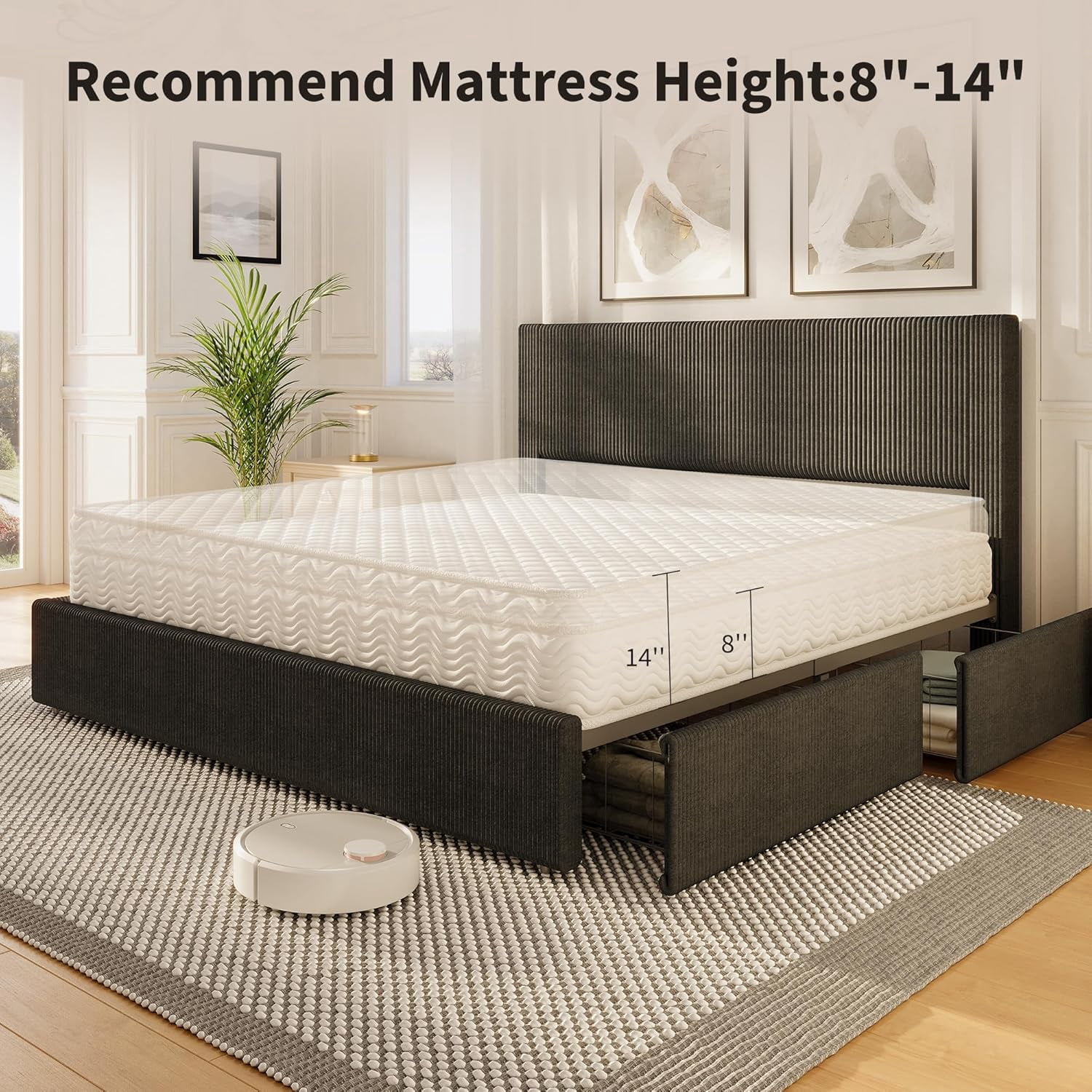 Eastvita King Size Corduroy Upholstered Platform Bed Frame - 4 Storage Drawers, Tufted Wingback Headboard, Black