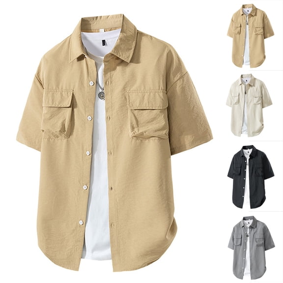 Men's Solid Color Work Shirt Polyester | Casual Button Down Short Sleeve Shirt Three-Quarter Loose Fit Pockets Button-Down Collar Breathable Daily Office Business | Zenithor,Beige L