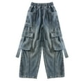 thumbnail image 3 of EnJoCho Kids Girls Baggy Cargo Jeans Washed Wide Leg Elastic High Waist Denim Pants Distressed Streetwear Pockets Trousers Bottoms Fashion Trendy Casual Utility Comfort, 3 of 9