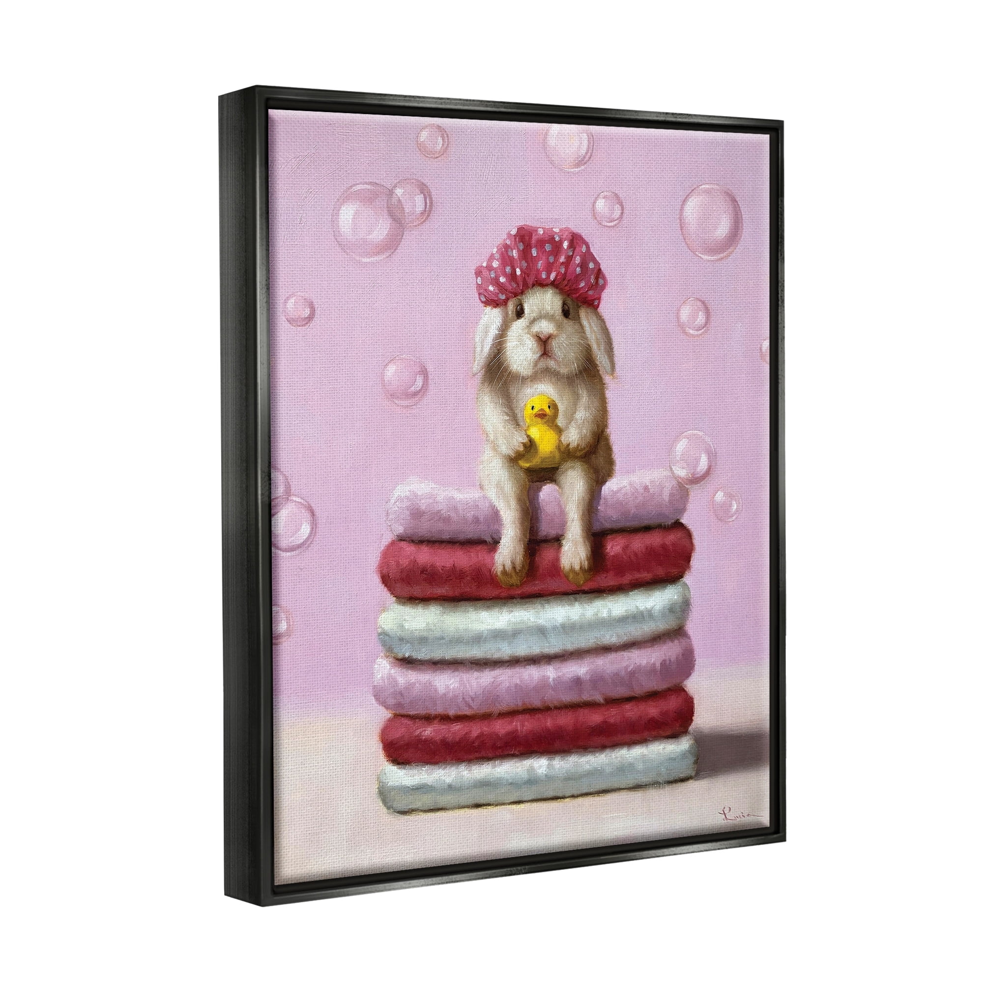 Stupell Industries Cute Baby Rabbit on Bath Towels Soap Bubbles Jet Black Framed Floating Canvas Wall Art, 16x20, by Lucia Heffernan
