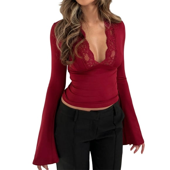 Gupgi Women Lace Long Sleeve Tops Solid Low Cut Deep V Neck Bell Sleeve Slim Fitted Crop Top